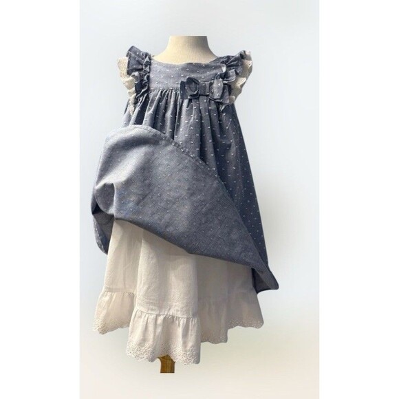 Blue Polka Dot Girls Dress Lace Trim Bow Ruffle Sleeves Classic VTG Inspired 4T - Picture 6 of 8